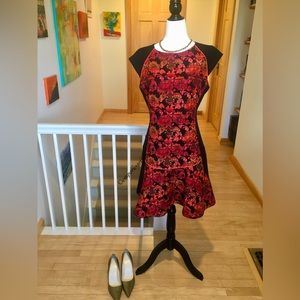 Beautiful Ted Baker Colourful Black Floral Embroidered Textured Sleeve Dress